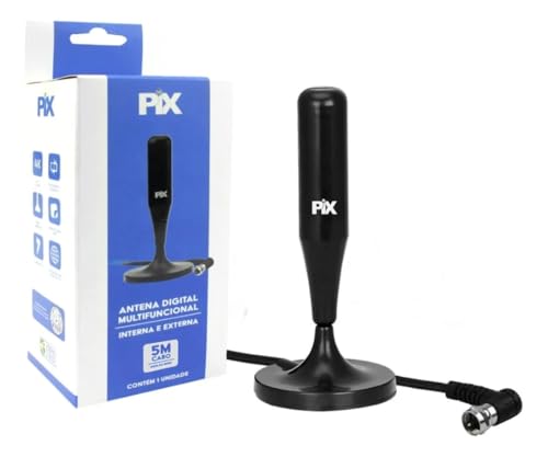 Antena Digital Interna e Externa Amplifica HDTV Cabo 5 Metros – Sinal Full HD, UHF/VHF/FM, Base C/Imã – Prova d'água - Ideal para Conversores Digital - Plug 90 Graus.