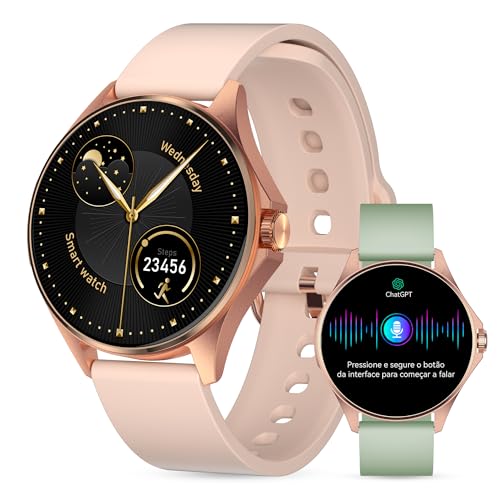 Aurafit Smartwatch Feminino Relógio Inteligente com IA Chatgpt, 1.32’’ AMOLED,iOS Android, IP68 Água, Frequência Cardíaca, Monitor de Sono, 100 Esportes, 2 Pulseiras