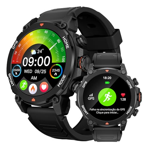 AURAFIT Smartwatch Relogio Inteligente Masculino Relógio Inteligente, GPS 150+ Monitoramento Esportivo, Altímetro Barômetro Bússola, Chamadas Bluetooth, 5ATM a Prova d'Agua, Tela AMOLED 3,6 cm