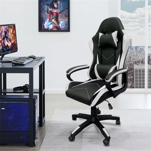 Cadeira de jogos com encosto alto, apoios de braços fixos em quatro pontos, altura ajustável (Branco)