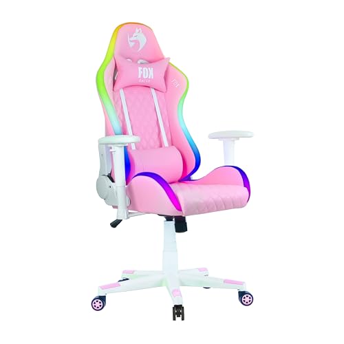 Cadeira Gamer Fox Racer até 130kgs com Rgb e Iluminação Led com almofadas Reclinável Rosa logo Branca