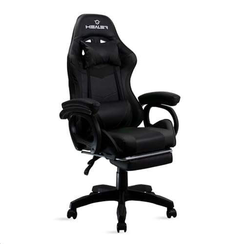 Cadeira Gamer Preto Healer Level Reclinável Giratória com apoio de pés