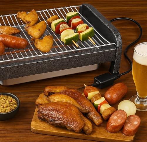 Churrasqueira Elétrica 220v de Mesa Gourmet Grill Portátil 1600W com Grelha e Bandeja Coletora Preta – Ideal para Churrasco Interno, Prática, Compacta e Fácil de Usar