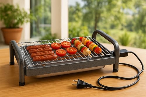 Churrasqueira Elétrica de Mesa 110 V Gourmet Grill Portátil 1600W com Grelha e Bandeja Coletora Preta – Ideal para Churrasco Interno, Prática, Compacta e Fácil de Usar