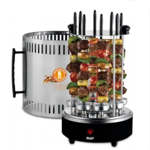 Churrasqueira Elétrica Vertical RAF 1200W 220V – 6/8 Espetos Giratórios 360° | Prática, Sem Fumaça e Portátil