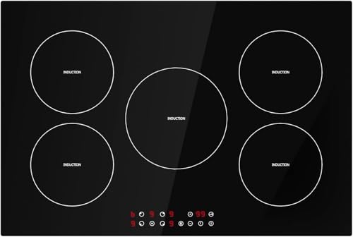 Davivy Fogão de indução de 76 cm com 5 queimadores, topo de fogão de indução embutido com 5 queimadores, 9 níveis de aquecimento, trava de segurança para crianças, controle de toque do sensor