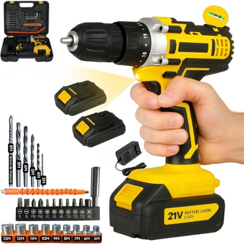 Furadeira e Parafusadeira de Impacto Sem Fio 21V com LED, 2 Baterias Recarregáveis Bivolt e 32 Acessórios - Maleta Completa para Uso Doméstico e Profissional - 1