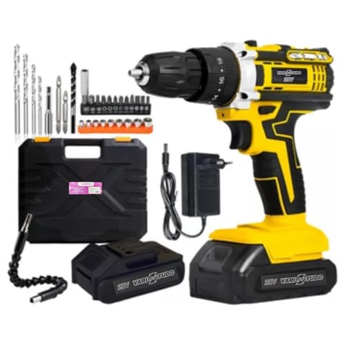 Furadeira e Parafusadeira de Impacto Sem Fio 21V com LED, 2 Baterias Recarregáveis Bivolt e 32 Acessórios - Maleta Completa para Uso Profissional e Doméstico - 1