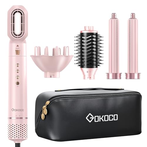 GOKOCO Escova Secador de Cabelo Profissional 5 em 1 - Kit Modelador com Bocal, Difusor, Escova Secadora, 2 Modelador de Cachos, íons Negativos Alta Velocidade Para Secar, Alisar e Enrolar, GD031 127v Rosa