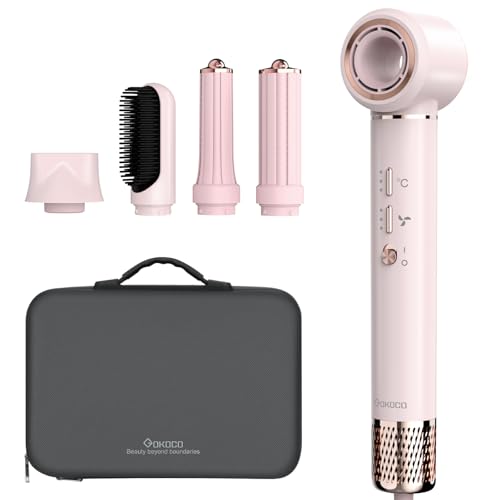 GOKOCO Secador de Cabelo 5 em 1 Conjunto, Escova Secadora 1400W Alta Velocidade 110000 Rpm, Kit Modelador Liso e Cacheado com Bocal Magnético 127Volt e 110Volt, Rosa