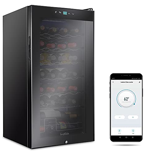Ivation Refrigerador de vinho com compressor de garrafas 28 com sistema de resfriamento de controle de aplicativo inteligente Wi-Fi | Grande geladeira de adega de vinhos independente