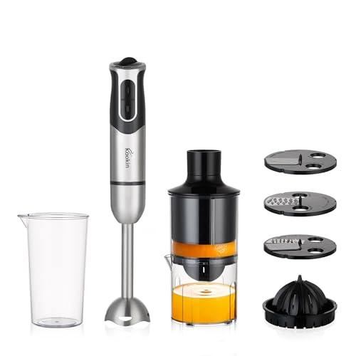 Mixer de Mão Portátil 8 Velocidades 800W Inox KOOKIN Multifuncional com Espremedor de Frutas e 3 Discos de Corte, Lâminas Aprimoradas em Aço Inox 304 - Prepara um Copo de Suco de Laranja em 30s - 1