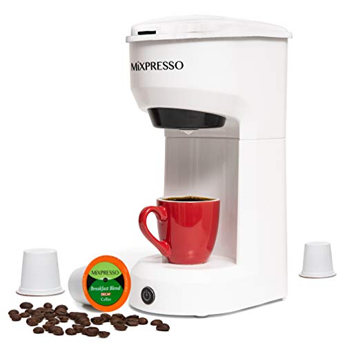 Mixpresso Cafeteira 2 em 1 para cafeteira de dose única para cápsulas K e café moído, máquina de café de xícara única, mini cafeteira de tamanho compacto, tecnologia de fermentação rápida, cafeteira