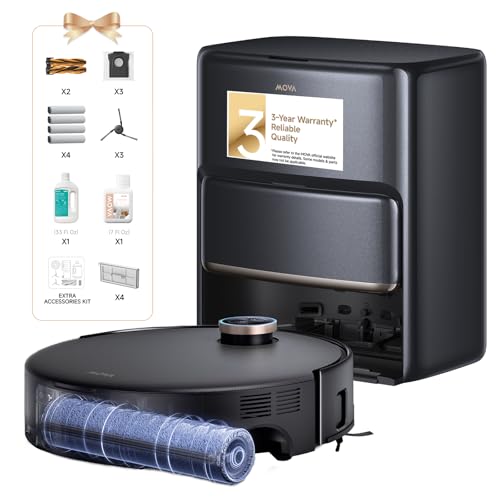 MOVA Z60 Ultra Roller Robô Aspirador e Esfregão Completo, Sucção de 28.000Pa, Rolo Flutting em Tempo Real Auto-Lavagem, Escudo Automático de Carpete, Extensível para Limpeza de Borda, Escova DuoBrush