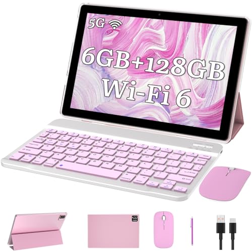 NOVOJOY Tablet 2 em 1 com teclado, tablet Android, tablets de 10 polegadas, inclui capa para mouse Stylus 5G-WiFi WiFi-6 128GB ROM + 6GB RAM 10 polegadas IPS 2MP + 8MP câmera dupla 6000mAh bateria