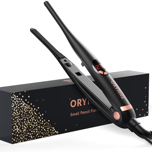 ORYNNE Ferro plano pequeno de 3/25 cm para corte Pixie de cabelo curto, 5s Ultra Fast Heat Up Tiny Pencil Flat Iron, Ionic Mini Edge Flat Iron, Skinny Thin Straightener Champagne Gold - 1