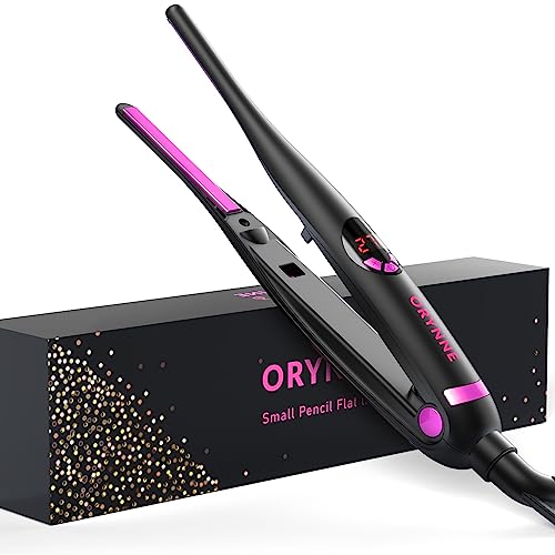 ORYNNE Ferros Planos Pequenos para Cabelos Curtos, Ferro Plano de Lápis de Aquecimento Ultra Rápido 5S, Íons Negativos Mini Ferro Plano para Bordas, Mini Alisador de Cabelo de Viagem de 3/10 '' com Controle Digital de Temperatura, Fácil de Usar - 1