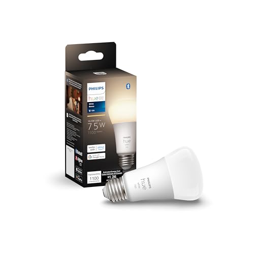 Philips Hue Lâmpada inteligente branca A19 de lúmen médio, 1100 lúmens, compatível com Bluetooth e Zigbee (hub opcional), funciona com Alexa e Google Assistant, um dispositivo certificado para humanos, 1 lâmpada - 1