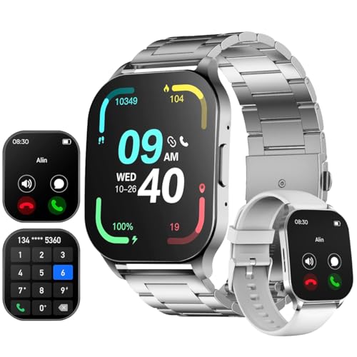 Smartwatch 1,96" AMOLED Relógio Inteligente, IP68 à Prova d’Água, Chamadas Bluetooth, 100+ Modos Esportivos, Assistente de Voz, Compatível com iOS/Android, Unissex com 2 Pulseiras (Prata)