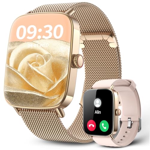 Smartwatch Relógio Inteligente, Tela HD de 1,85" Relógio Fitness, 120 Esportes, Frequência Cardíaca e Monitoramento do Sono, IP68 à rova d'água, Compatível com Android iOS, 2 Pulseiras, Dourado