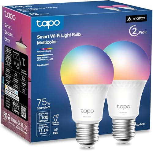 Tapo Lâmpadas inteligentes TP-Link, alto brilho de 1100 lúmens (equivalente a 75 W), certificado de matéria, lâmpada WiFi de 16 m, regulável, funciona com Siri, Alexa e Google Home, A19 E26, L535E - 1