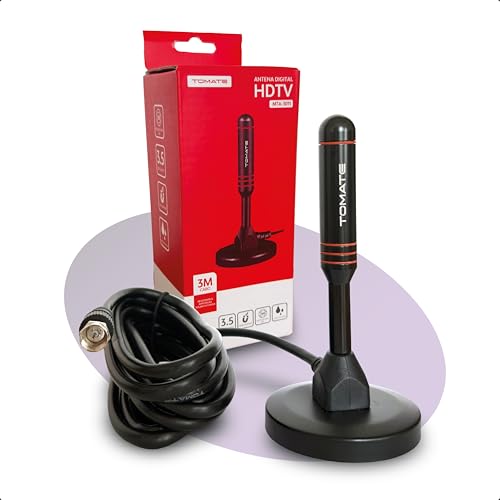 Tomate Antena de TV Digital HDTV Frequência UHF 470-862 MHz Ganho 3.5 dBi Sinal 360° Portátil Resistente à Água e Sol Cabo 3m Base Magnética Fácil de Instalar